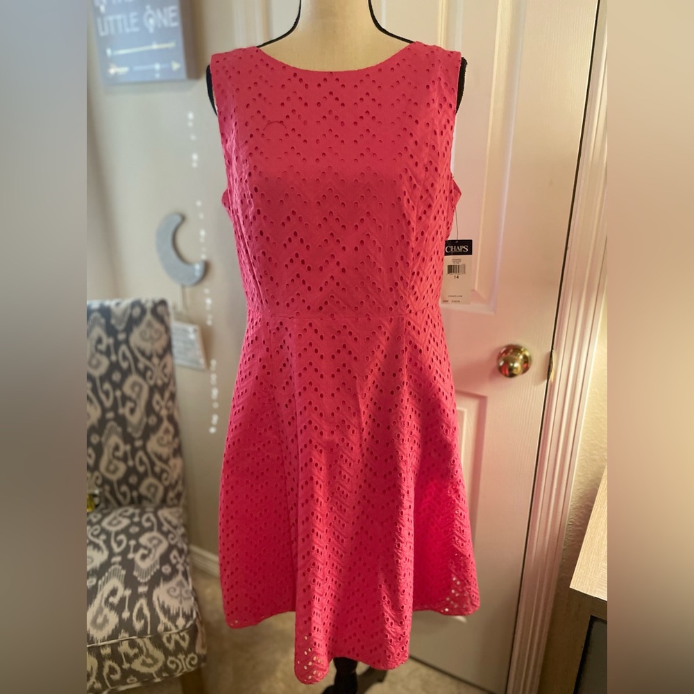 Chaps Pink Eyelet Dress Fully lined. Back Zipper. Size 14. NWT!